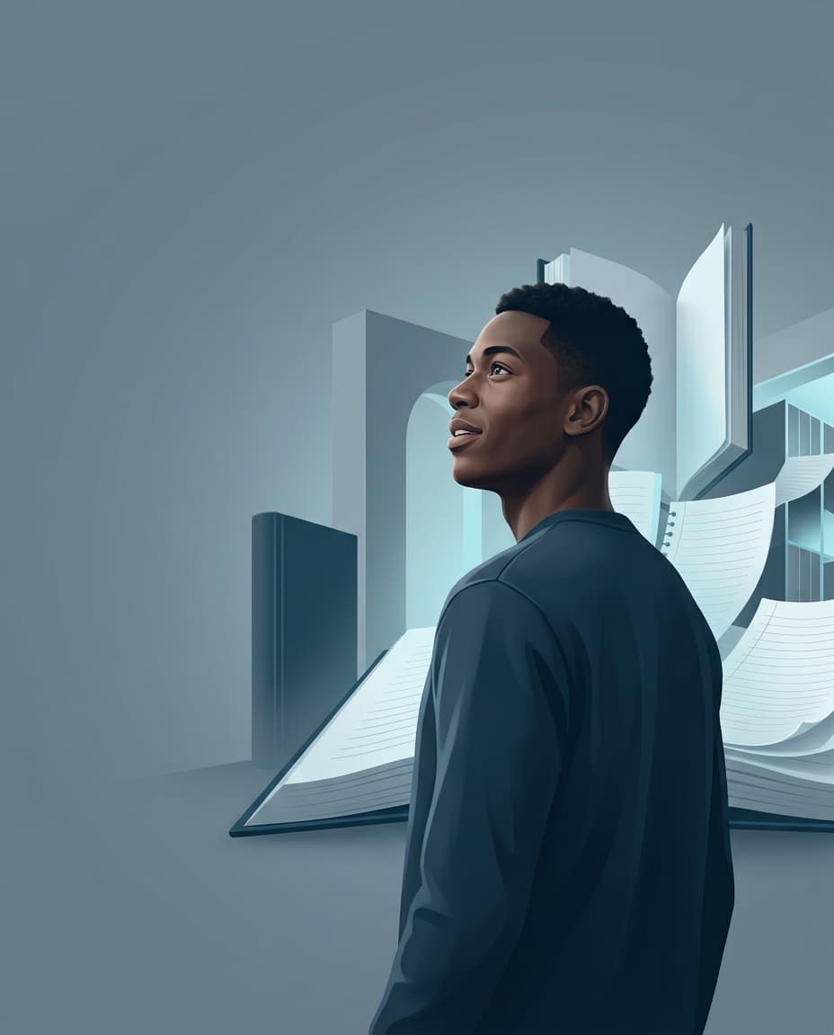 A young man looking up toward books and knowledge, illustrating curiosity and discovery